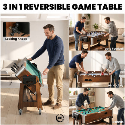 3 in 1 Multi Game Table | Pool | Air Hockey | Football | 3.4ft | Lockable Wheels | Storage Shelf | Walnut Effect