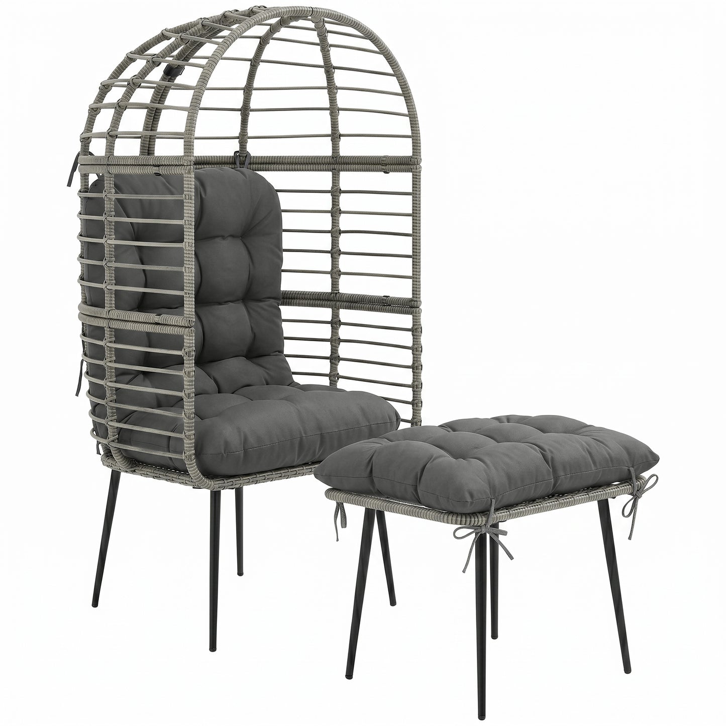 Rattan Egg Chair & Footstool Set | 11cm Tufted Cushions | UV & Weather Resistant PE Rattan | Powder-Coated Steel Frame | 120kg Capacity | Adjustable Feet | Indoor & Outdoor | Light Grey
