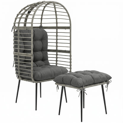 Rattan Egg Chair & Footstool Set | 11cm Tufted Cushions | UV & Weather Resistant PE Rattan | Powder-Coated Steel Frame | 120kg Capacity | Adjustable Feet | Indoor & Outdoor | Light Grey