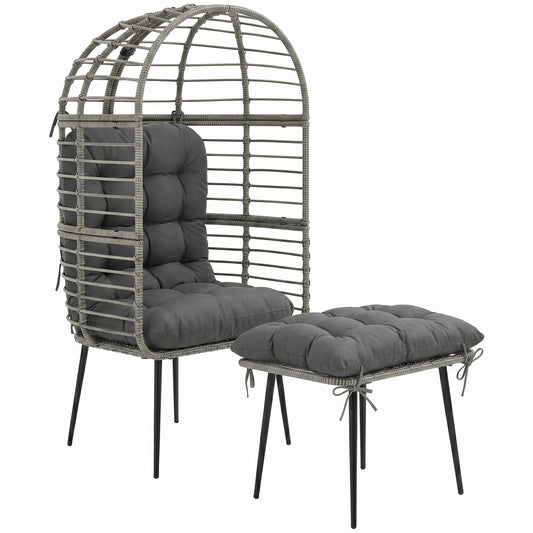 Rattan Egg Chair & Footstool Set | 11cm Tufted Cushions | UV & Weather Resistant PE Rattan | Powder-Coated Steel Frame | 120kg Capacity | Adjustable Feet | Indoor & Outdoor | Light Grey