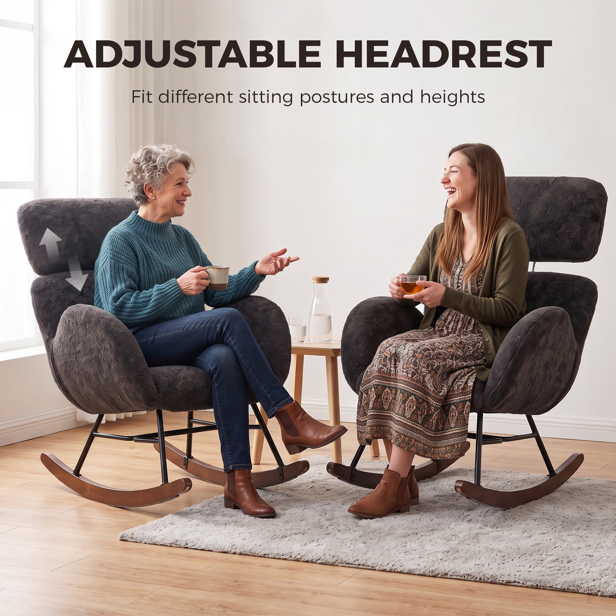Rocking Chair | Dark Grey Velvet Upholstery with Adjustable 8 cm Headrest, 105° Glide & High-Density Foam | Walnut Base | 120 kg