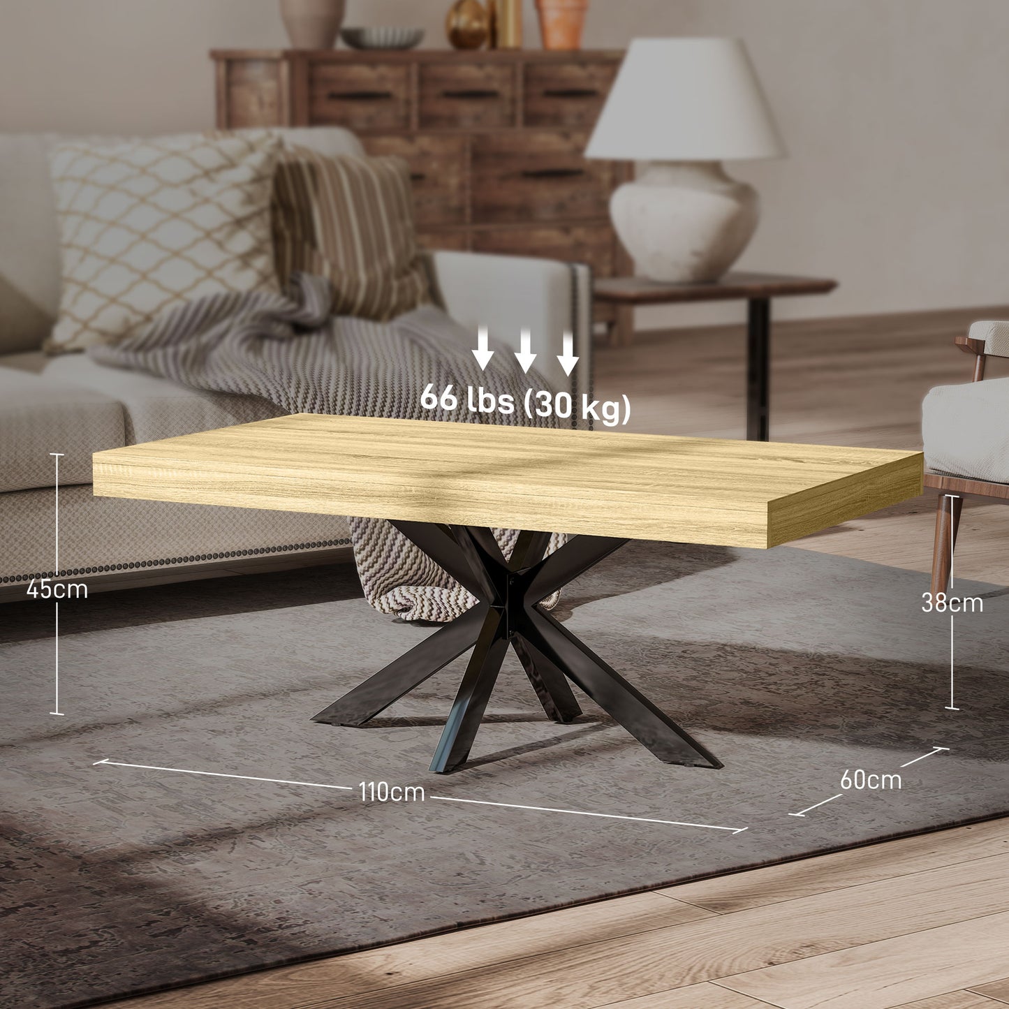Industrial Coffee Table, Rectangular End Table with Crossed Steel Frame for Living Room, 110 x 60 x 45cm, Natural Wood Finish