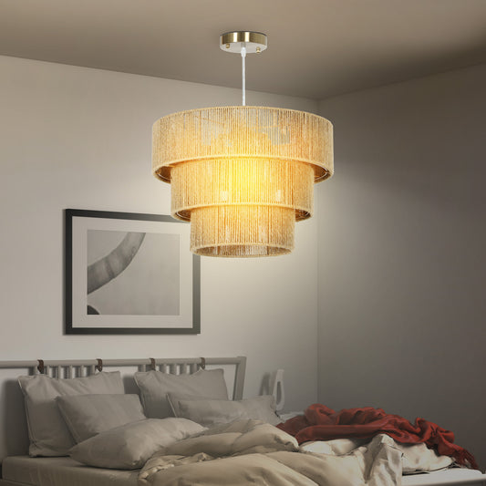 Hemp Rope Pendant Light, 3-Layer Boho Ceiling Light Shade, E14 Vintage Lampshade for Living Room, Bedroom, Kitchen, Hallway, Light Brown