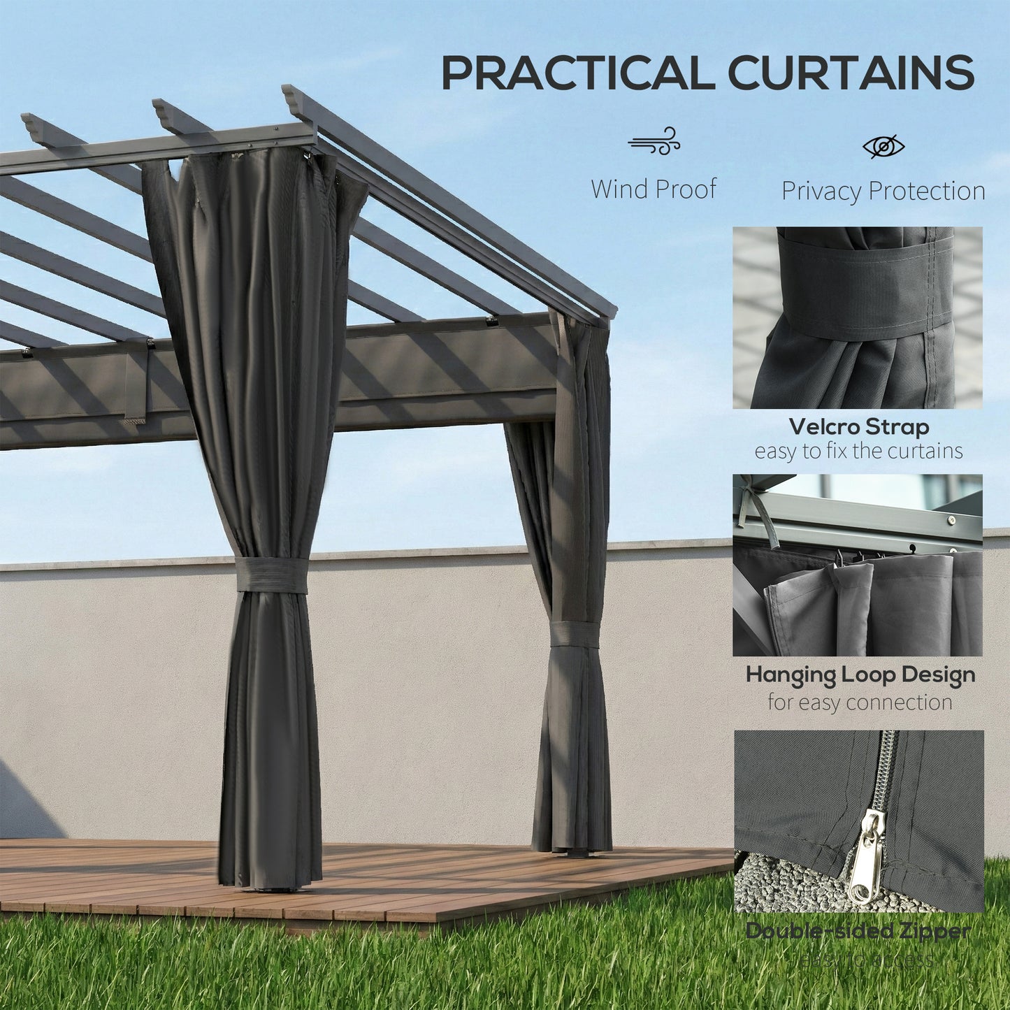 3.6x3m Aluminium Pergola | Retractable Sliding Canopy | Zip Curtains | 7.6cm Columns | Ground Stakes | Dark Grey