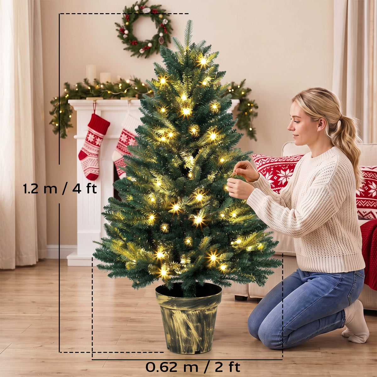 4ft Pre-Lit Artificial Christmas Tree | 750 PE & PVC Branch Tips | 80 Warm White LED Lights | Flame-Retardant | Metal Pole & Decorative Pot Base | 30–40 Min Setup | Φ62x120cm | Indoor | Green