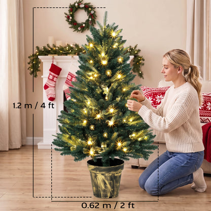 4ft Pre-Lit Artificial Christmas Tree | 750 PE & PVC Branch Tips | 80 Warm White LED Lights | Flame-Retardant | Metal Pole & Decorative Pot Base | 30–40 Min Setup | Φ62x120cm | Indoor | Green