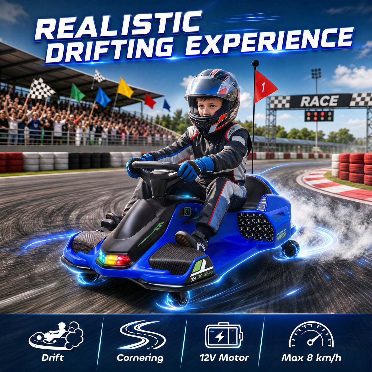 12V Kids Electric Drift Go-Kart | 2 Speeds, 3–8km/h, Soft Start & 7Ah Battery | Colourful LED Lights & Music | Blue | Ages 8–12, Max 50kg