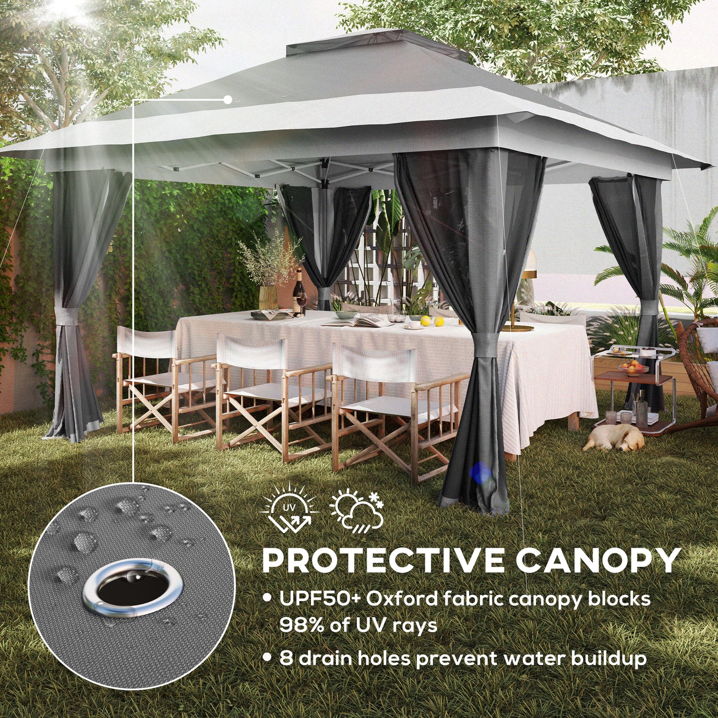 3.6x3.6m Pop Up Gazebo | UPF50+ Canopy | Removable Mesh Walls | 8 Drainage Holes | 3 Height Settings | Windproof Level 4-5 | Snow Rated | Sandbags Guy Ropes Ground Stakes | Wheeled Bag | Shades 8-12 People | Grey
