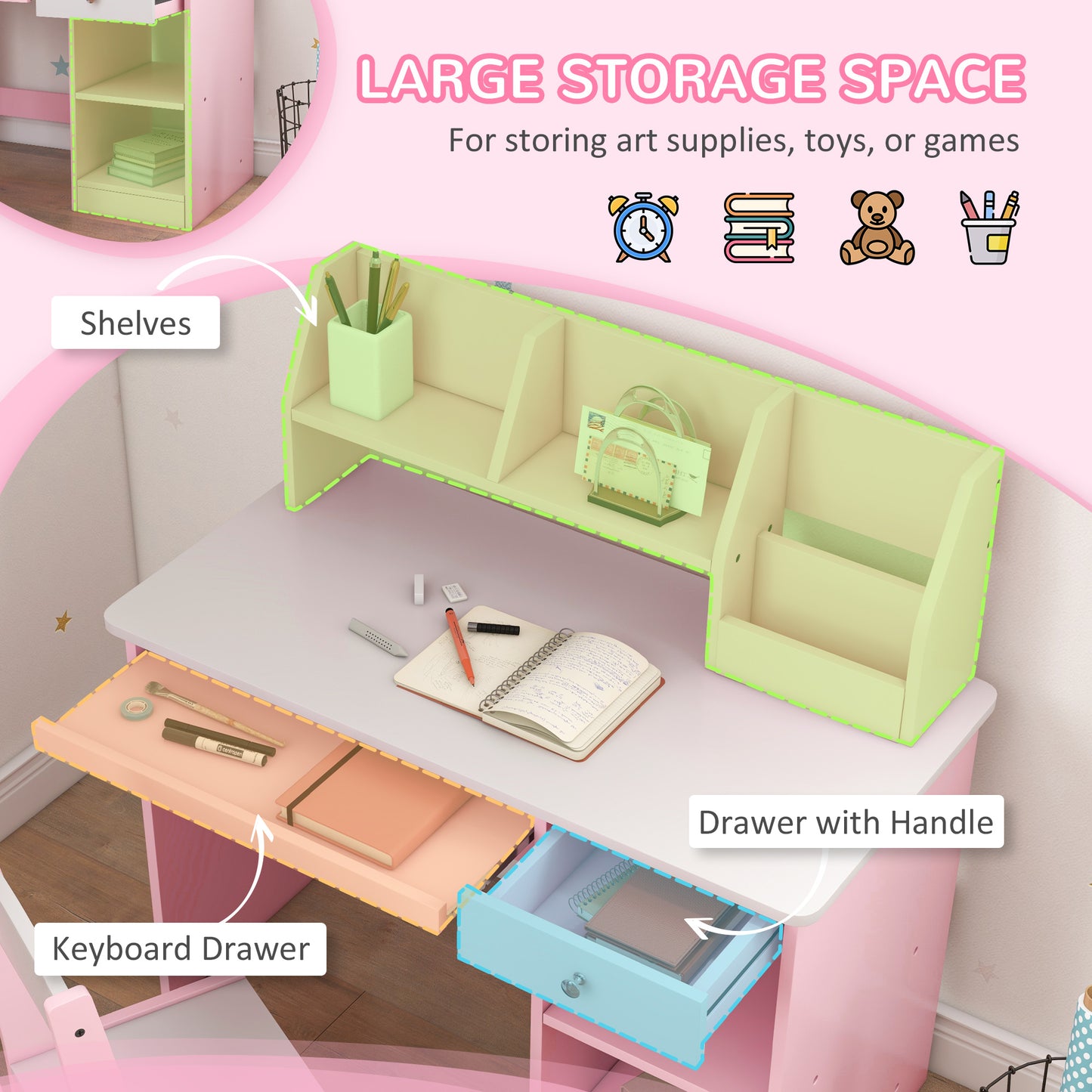 ZONEKIZ Two-Piece Kids Desk and Chair Set with Storage, for Ages 5-8 Years - Pink / Grey