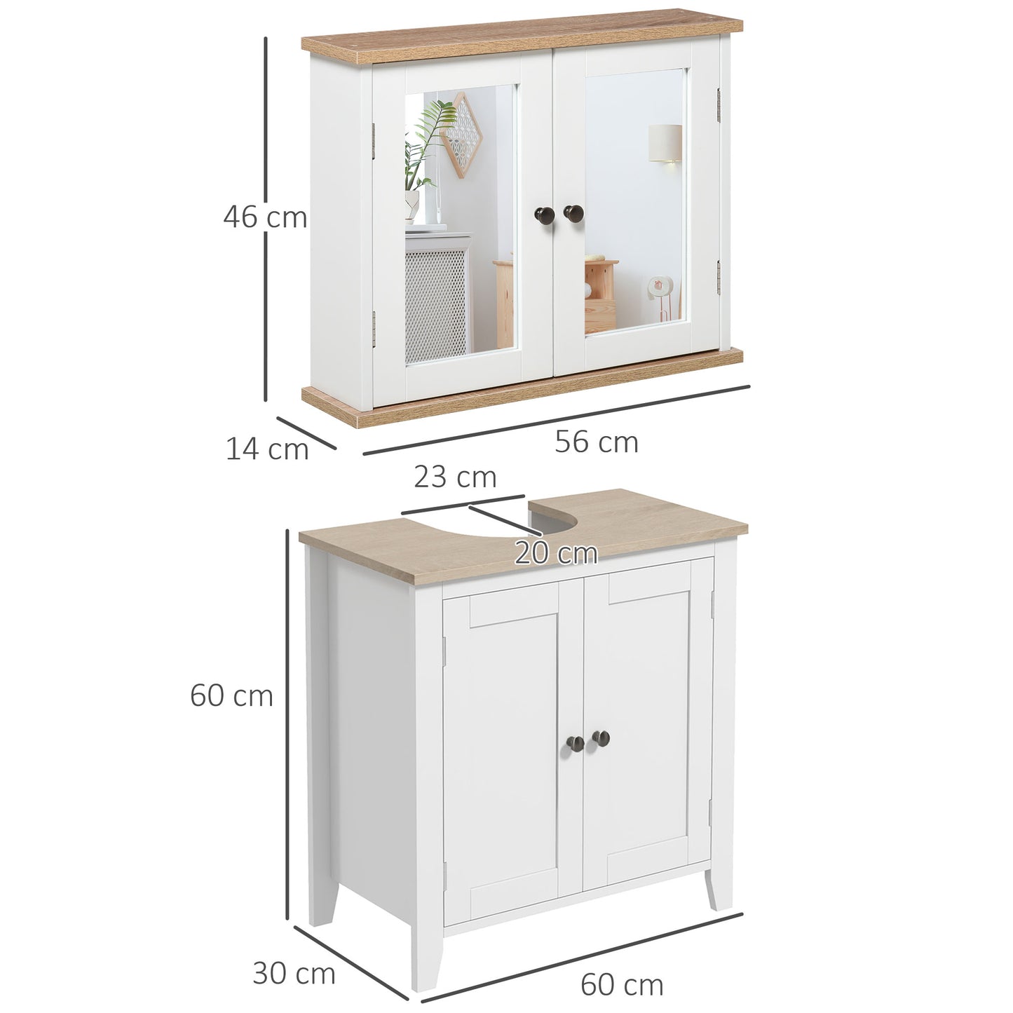 Kleankin Bathroom Furniture Set, Mirror Cabinet Wall Mounted W/ Adjustable Shelf, Sink Cabinet with Storage, White and Wood Grain
