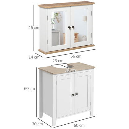 Kleankin Bathroom Furniture Set, Mirror Cabinet Wall Mounted W/ Adjustable Shelf, Sink Cabinet with Storage, White and Wood Grain