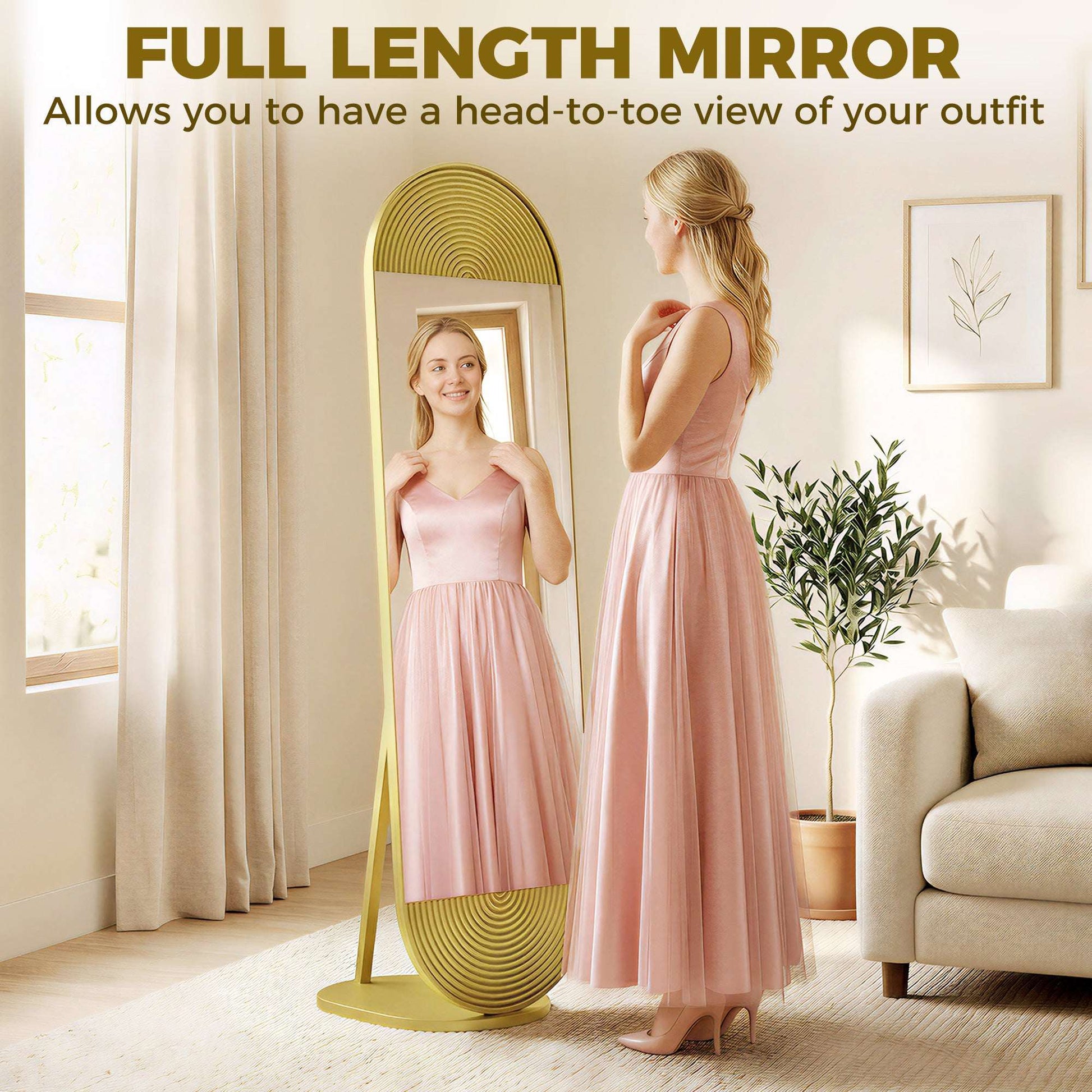Wavy Full Length Mirror | 50x161.5cm | Gold Tone | Metal Frame & Base | Shatter-Proof Glass | Free Standing