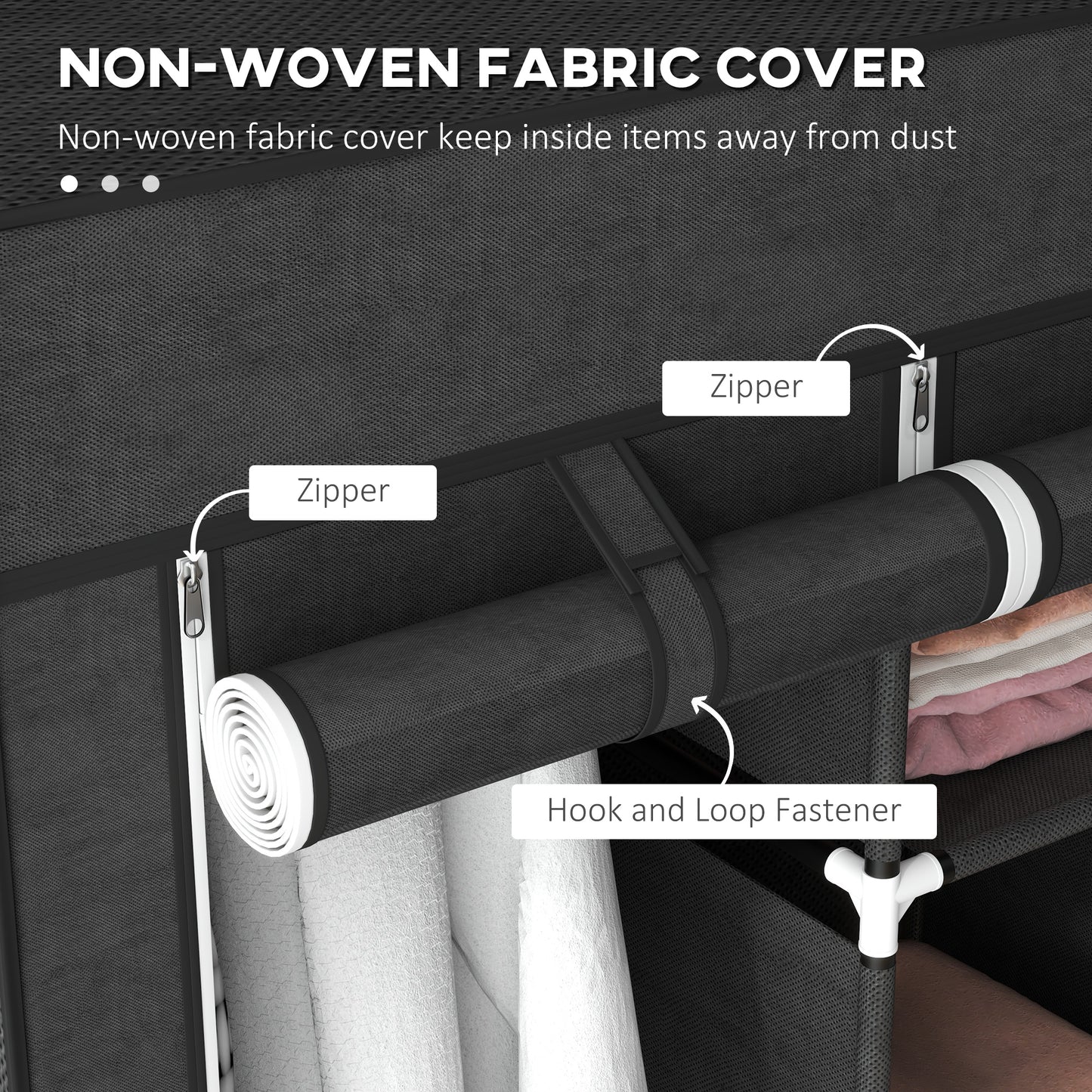 Fabric Wardrobe, Portable Wardrobe, Clothes Storage Unit with 8 Shelves, 2 Hanging Rods, 125 x 43 x 162.5 cm, Black