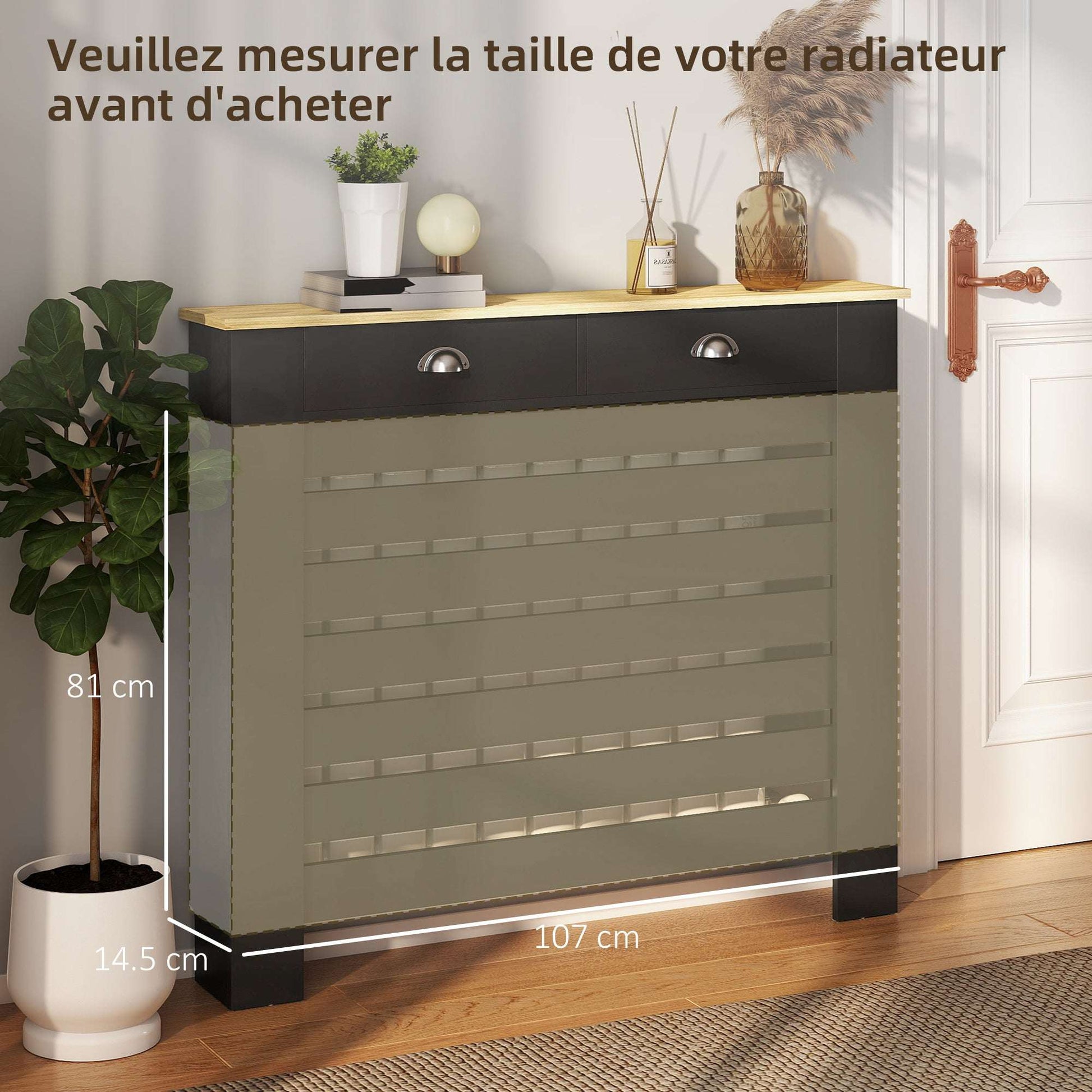 MDF & Particle Board Radiator Cover with 2 Drawers | Slatted Design | Skirting Board Cut-Outs | Easy-Fix Clips | Wood-Effect Top | 5kg Per Drawer | 111x19x95.5cm | Black