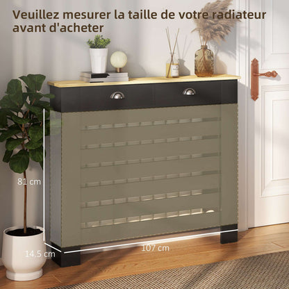 MDF & Particle Board Radiator Cover with 2 Drawers | Slatted Design | Skirting Board Cut-Outs | Easy-Fix Clips | Wood-Effect Top | 5kg Per Drawer | 111x19x95.5cm | Black