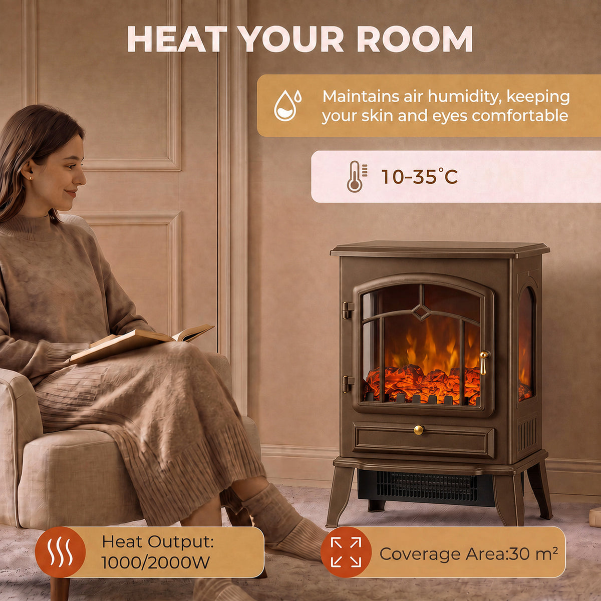 3-Sided Electric Fireplace Stove Heater | 1000/2000W Freestanding 3D Flame Effect with 10-35°C Thermostat | 15-30 m² | Brown, Grey or Black