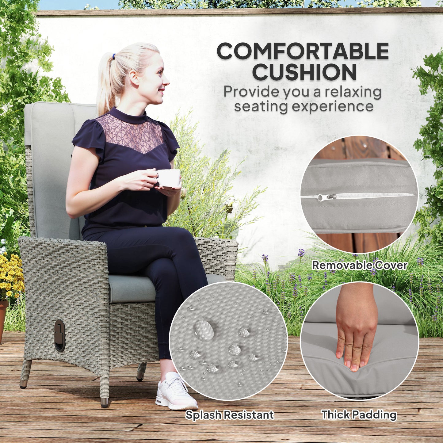 Rattan Garden Recliner Chair, Wicker Reclining Armchair with Adjustable Backrest and Cushion, Outdoor Lounge Sun Lounger with Armrests