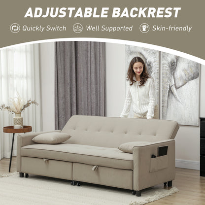 Three-Person Velvet-Feel Sofa Bed - Beige