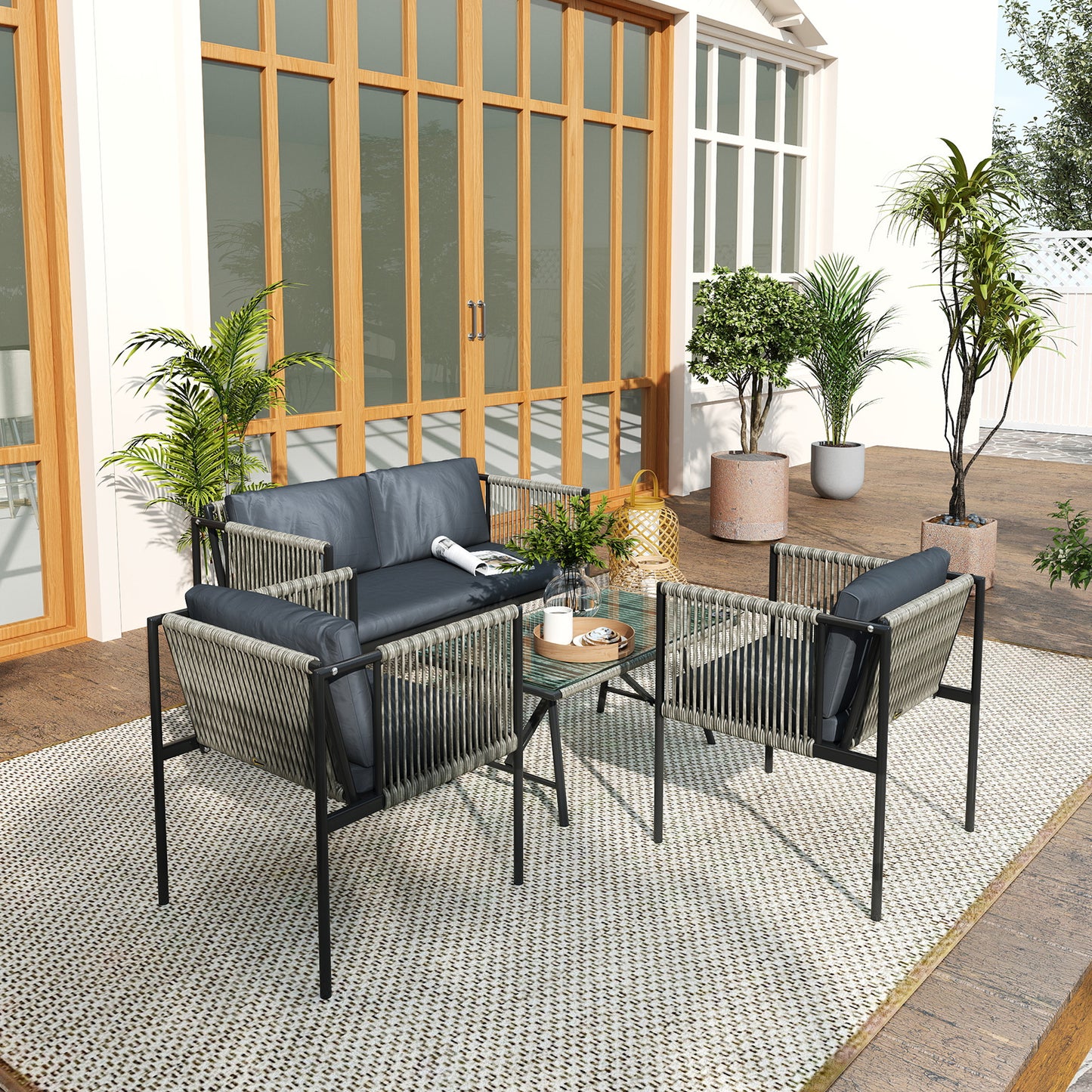 4 Piece Rattan Garden Furniture Set, 4 Seater Wicker Outdoor Furniture Set with 2 Armchairs, Loveseat, Glass Top Coffee Table, Grey