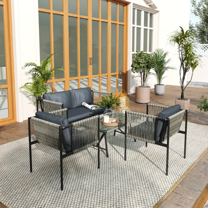 4 Piece Rattan Garden Furniture Set, 4 Seater Wicker Outdoor Furniture Set with 2 Armchairs, Loveseat, Glass Top Coffee Table, Grey