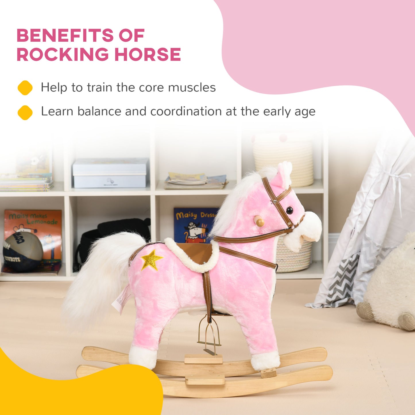 Wooden Rocking Horse with Music, Sound, Saddle for 3-6 Years