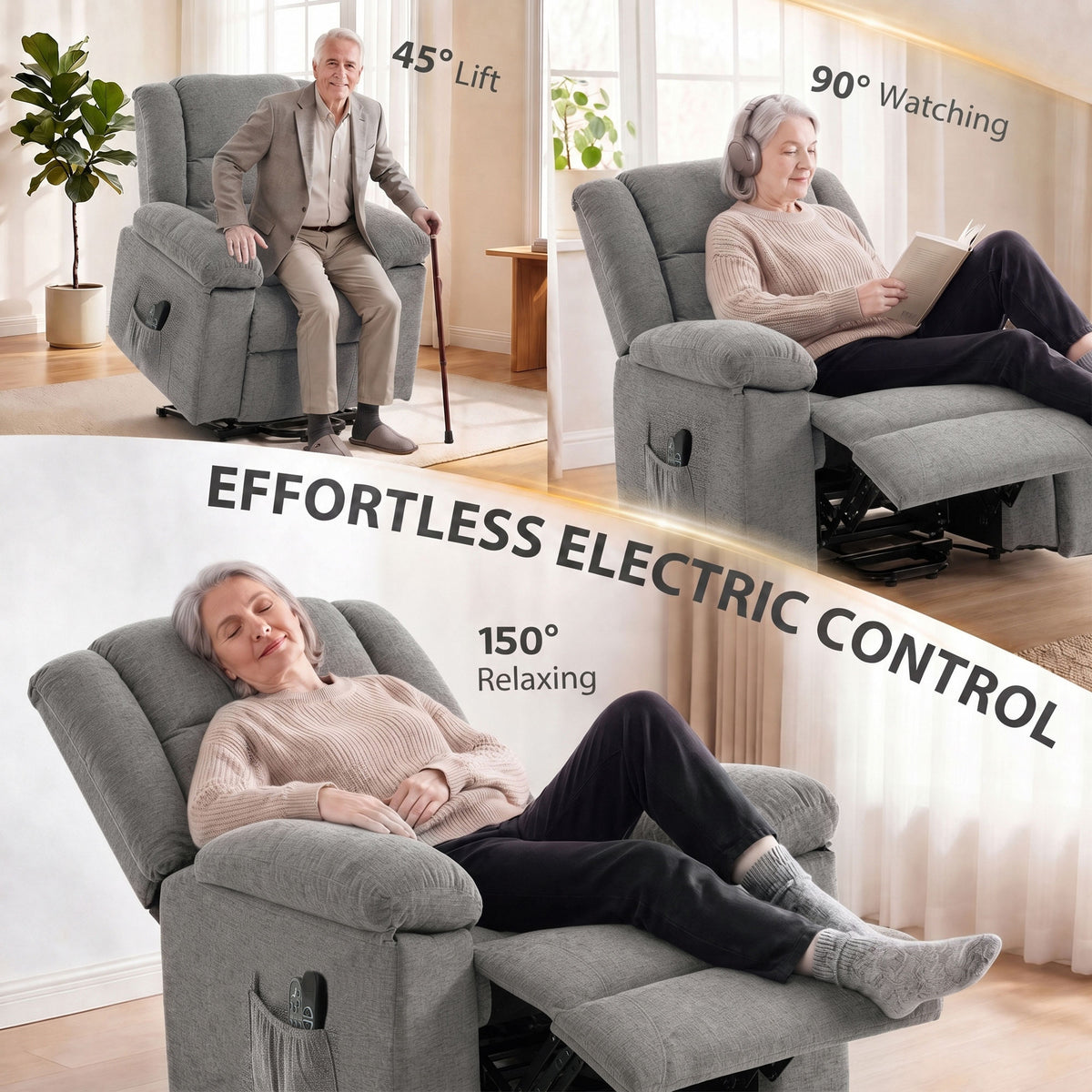 Grey Riser Recliner Chair | Electric Power Lift, 8-Point Massage, Lumbar Heat & USB Charging | Wide Seat, 120kg
