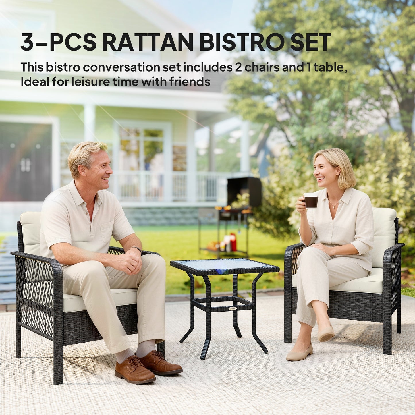 3 Piece Rattan Bistro Set | 2 Armchairs | Tempered Glass Coffee Table | 10cm Seat Cushions | Washable Covers | PE Wicker Metal Frame | 160kg | Cream