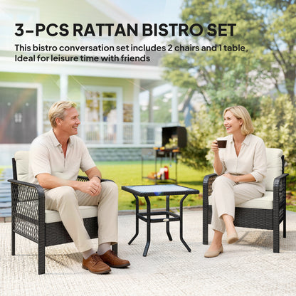 3 Piece Rattan Bistro Set | 2 Armchairs | Tempered Glass Coffee Table | 10cm Seat Cushions | Washable Covers | PE Wicker Metal Frame | 160kg | Cream