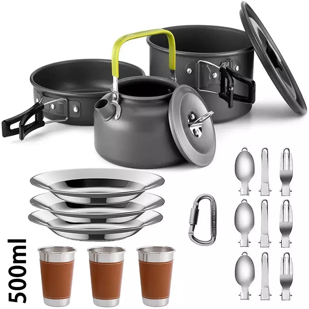 Camping Cooking Set Camping Cookware Travel Tableware Outdoor Picnic Set Teapot For 3 People Non-stick Pots Assorted Set, Orange / Black