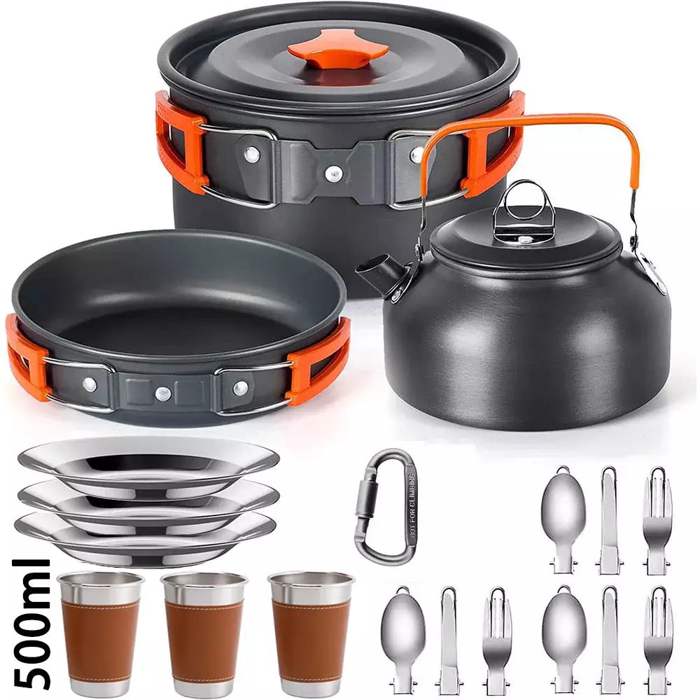 Camping Cooking Set Camping Cookware Travel Tableware Outdoor Picnic Set Teapot For 3 People Non-stick Pots Assorted Set, Orange / Black