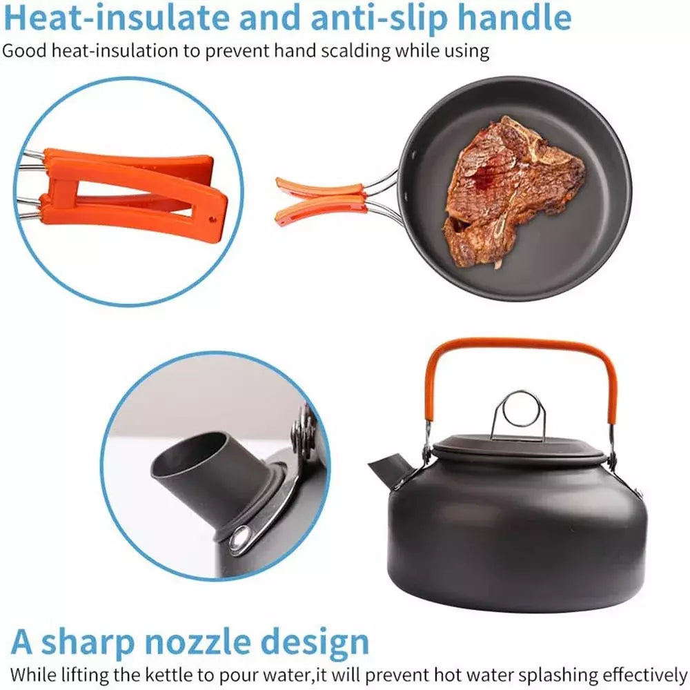 Camping Cooking Set Camping Cookware Travel Tableware Outdoor Picnic Set Teapot For 3 People Non-stick Pots Assorted Set, Orange / Black