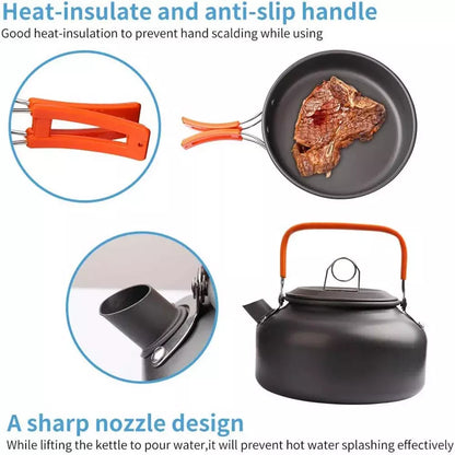 Camping Cooking Set Camping Cookware Travel Tableware Outdoor Picnic Set Teapot For 3 People Non-stick Pots Assorted Set, Orange / Black