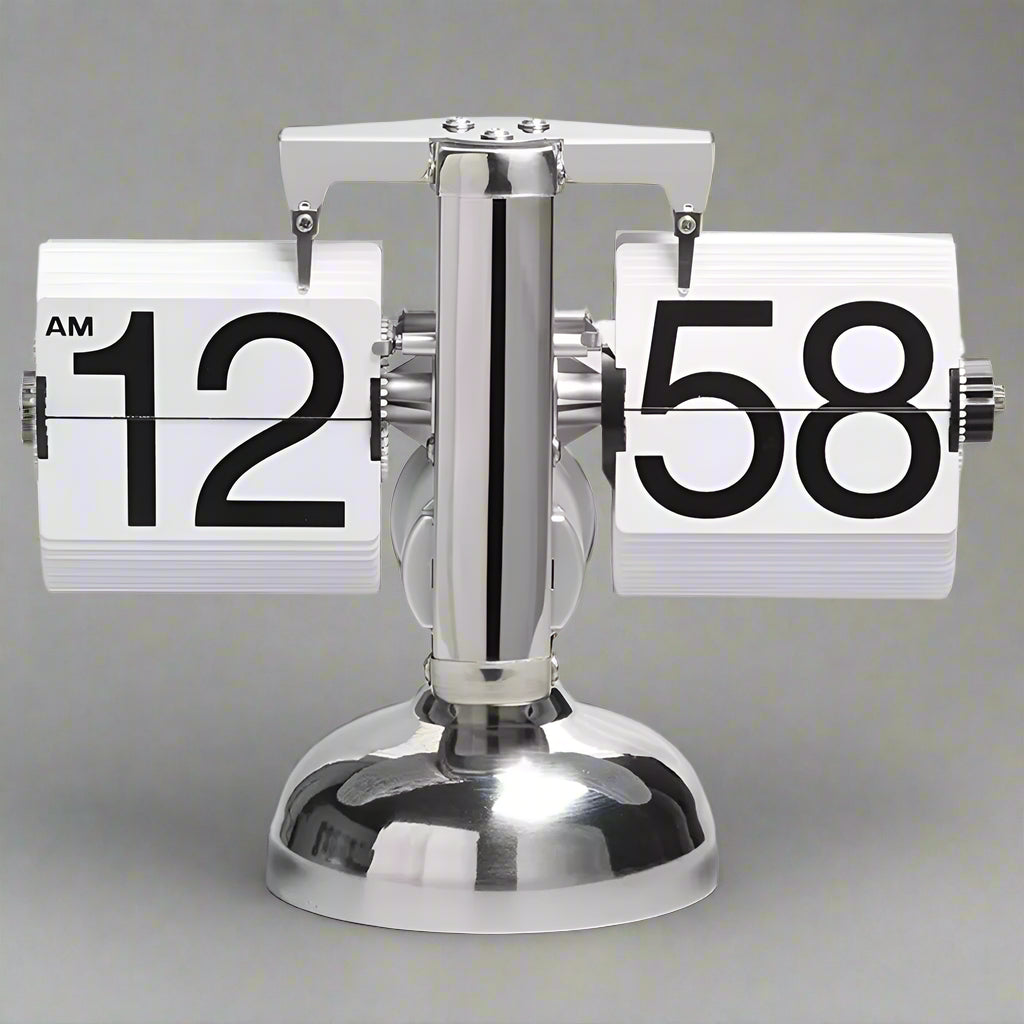 Retro Vintage Style Old School Auto Flip Digital Operated Quartz Clock Internal Gear Operated, Black / White