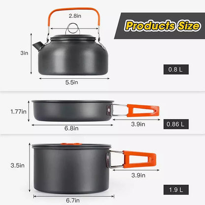Camping Cooking Set Camping Cookware Travel Tableware Outdoor Picnic Set Teapot For 3 People Non-stick Pots Assorted Set, Orange / Black