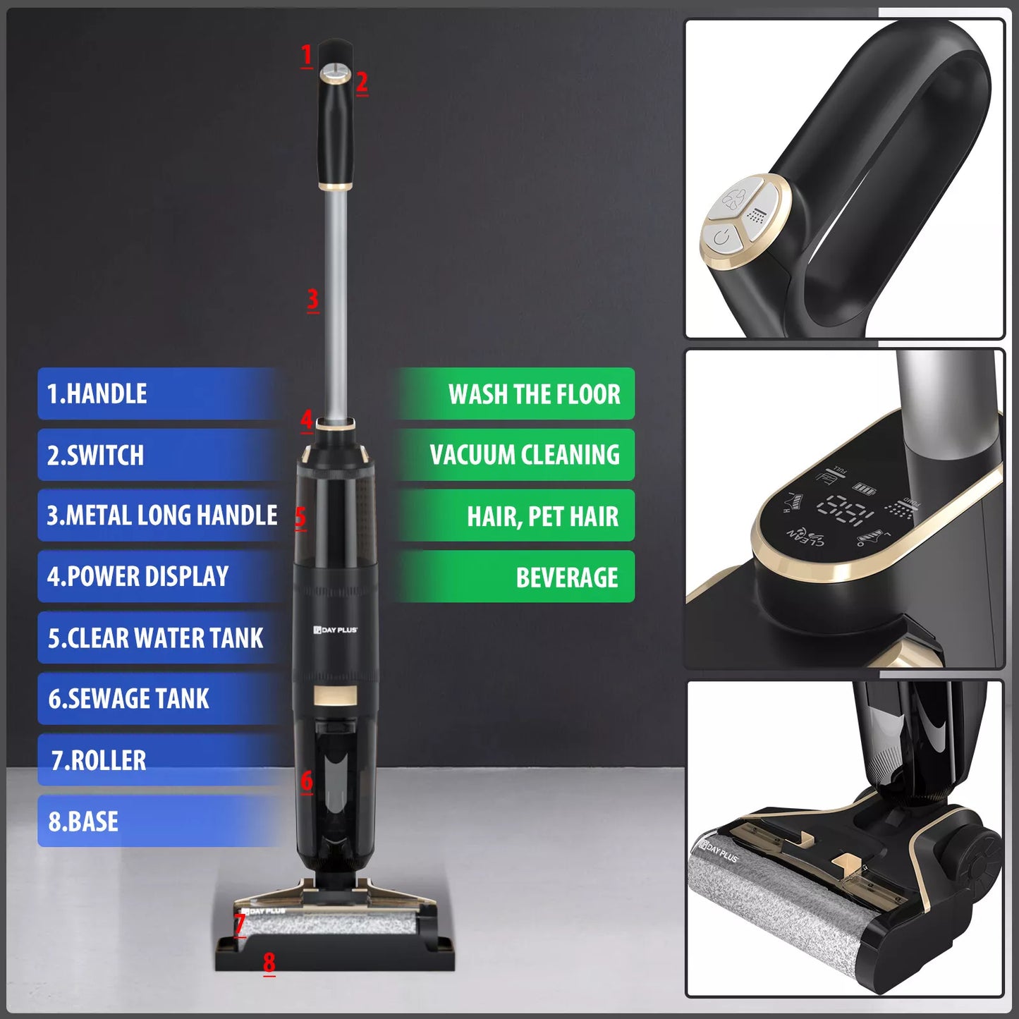 Dayplus Cordless Wet-Dry Vacuum Cleaner Wet Dry Electric Mop Floor Cleaner Cordless Lightweight Mop with Smart Digital Display Self-Cleaning