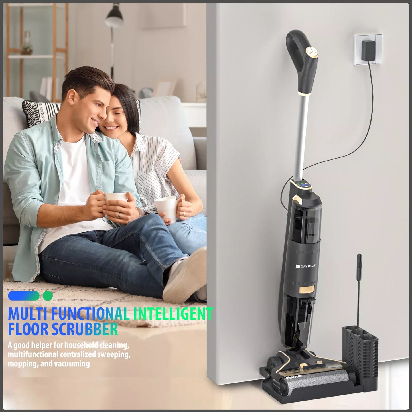 Dayplus Cordless Wet-Dry Vacuum Cleaner Wet Dry Electric Mop Floor Cleaner Cordless Lightweight Mop with Smart Digital Display Self-Cleaning
