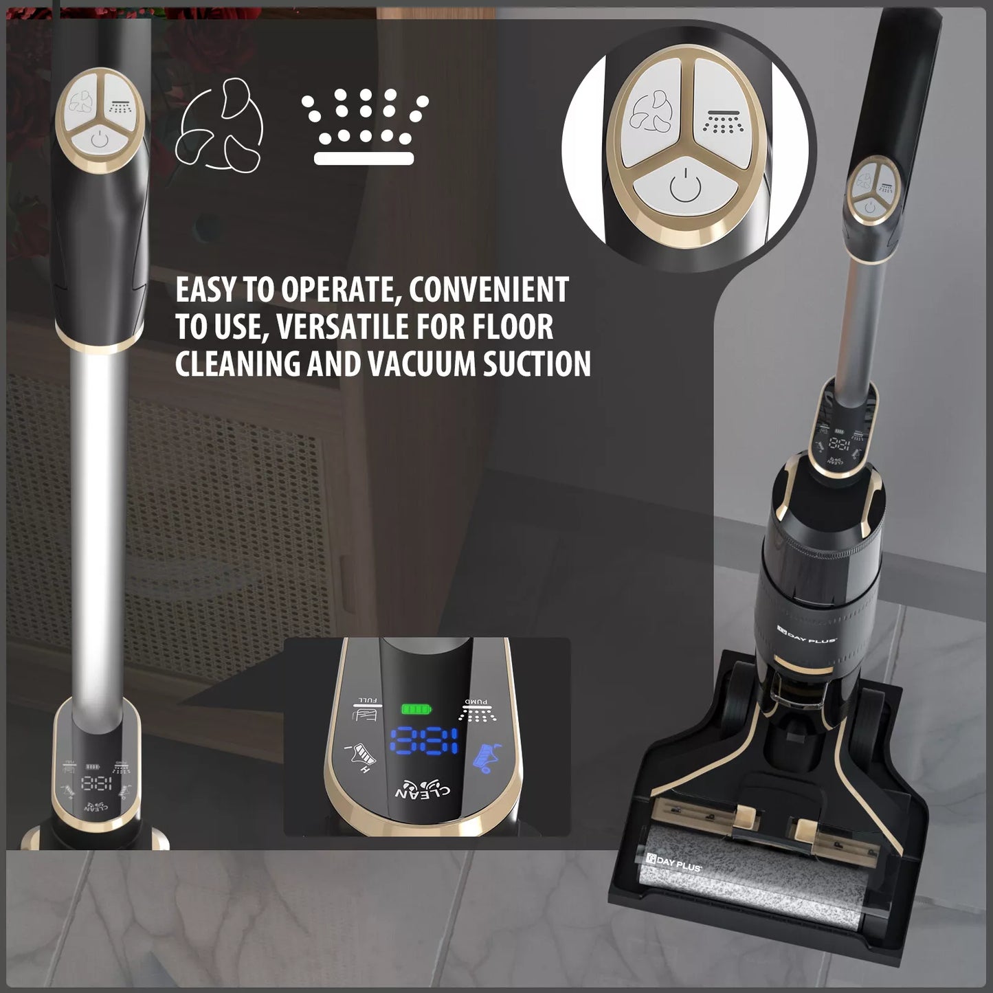 Dayplus Cordless Wet-Dry Vacuum Cleaner Wet Dry Electric Mop Floor Cleaner Cordless Lightweight Mop with Smart Digital Display Self-Cleaning