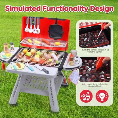 CUTE STONE Children's BBQ Grill Toy, Kitchen Playset, Realistic Smoke BBQ Grill Playset with Toy Kitchen Accessories.