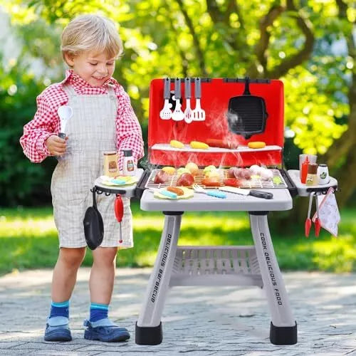 Children's BBQ Grill Toy, Kitchen Playset, Realistic Smoke BBQ Grill with Toy Kitchen Pretend Play