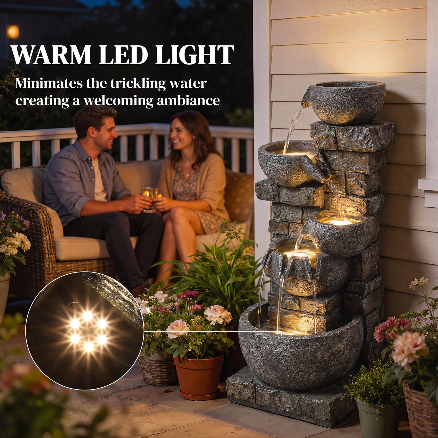 5-Tier Stacked Rock Resin Waterfall Fountain | 24 Warm LED Lights | Hand-Painted Natural Stone Finish | IP44 Adapter | 10W Pump | 230V | 3m Cable | 34x36x80cm | Garden & Patio | Mixed