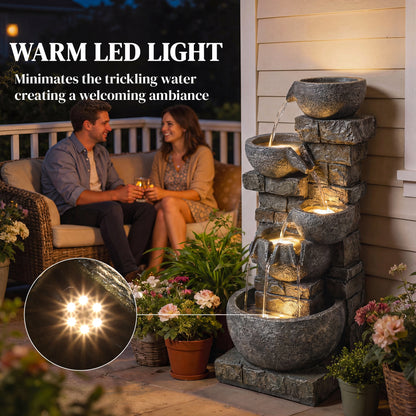 5-Tier Stacked Rock Resin Waterfall Fountain | 24 Warm LED Lights | Hand-Painted Natural Stone Finish | IP44 Adapter | 10W Pump | 230V | 3m Cable | 34x36x80cm | Garden & Patio | Mixed