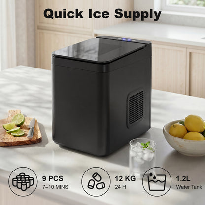 Countertop Ice Maker Machine – 9 Cubes in 7 Mins, 12kg/24hr, 1.5L Tank, Touchscreen, Self-Cleaning, 2 Bullet Sizes, Quiet 46dB – Black