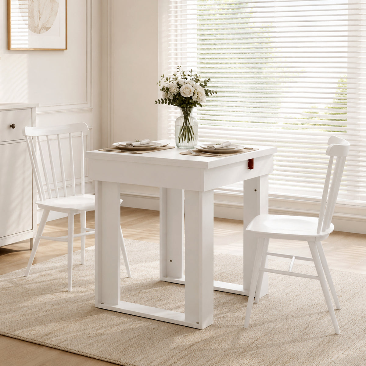 Extendable Folding Dining Table with Hidden Storage | Steel Rail | 70cm to 140cm | Seats 2 to 4 | Melamine Particleboard | Non-Slip Felt Pads | Wall-Flat Storage | White | 140x70x76.5cm | 80kg Capacity