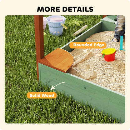 AIYAPLAY Wood Sandpit with Canopy, Storage Bins, Funnel, Liner, Chutes, Bucket with Tap, 116 x 112.5 x 128 cm, Green
