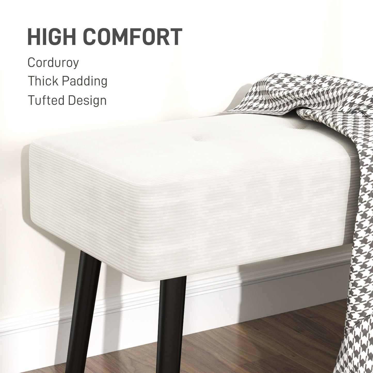 End of Bed Bench, Corduroy Bedroom Bench with Thick Padding and Steel Legs, Tufted Window Seat for Entryway, Living Room, Cream White