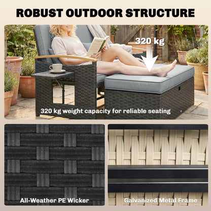 3-in-1 Rattan Garden Daybed | Loveseat to Daybed | Storage Ottoman | 5-Level Adjustable Backrest | 2 Foldable Side Tables | Wood-Effect Armrests | Triple-Strand PE Rattan | 320kg | Dark Grey
