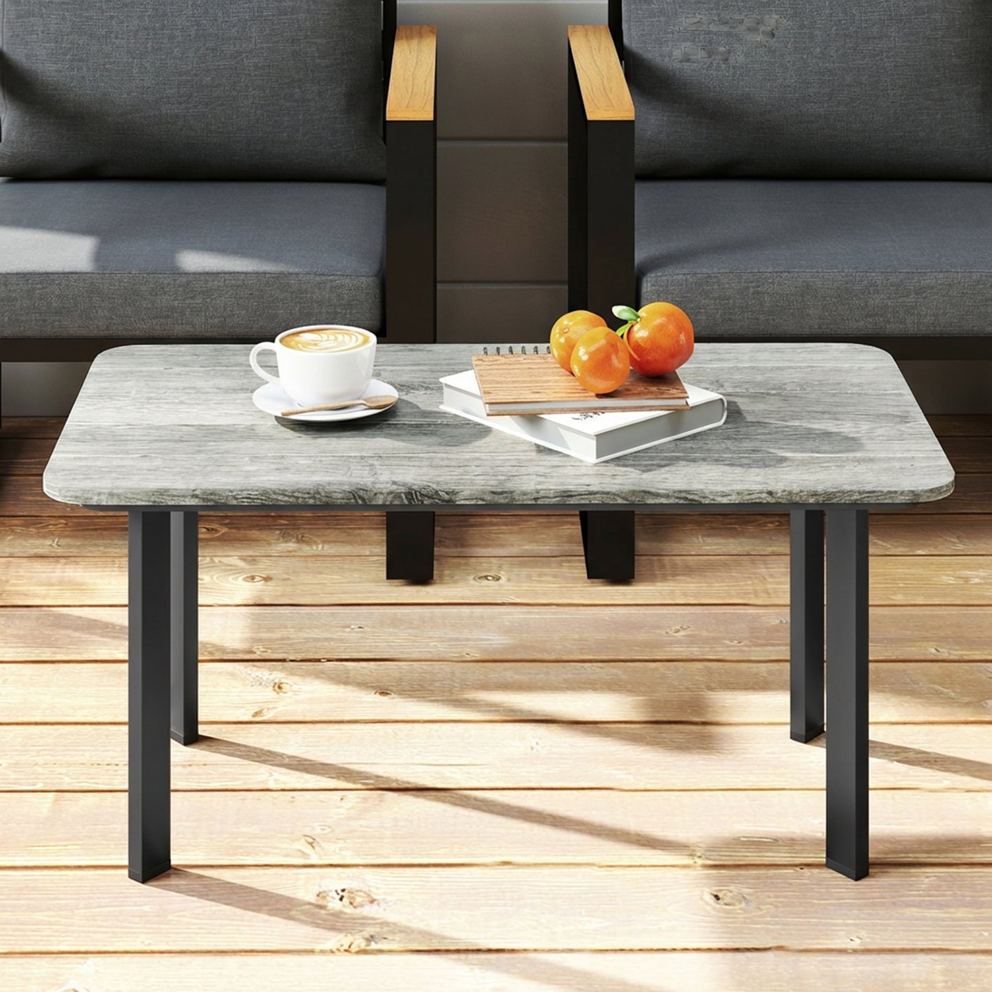 Garden Coffee Table | Slatted Plastic Wood Composite Top | Metal Frame | Adjustable Feet | 50kg | Grey