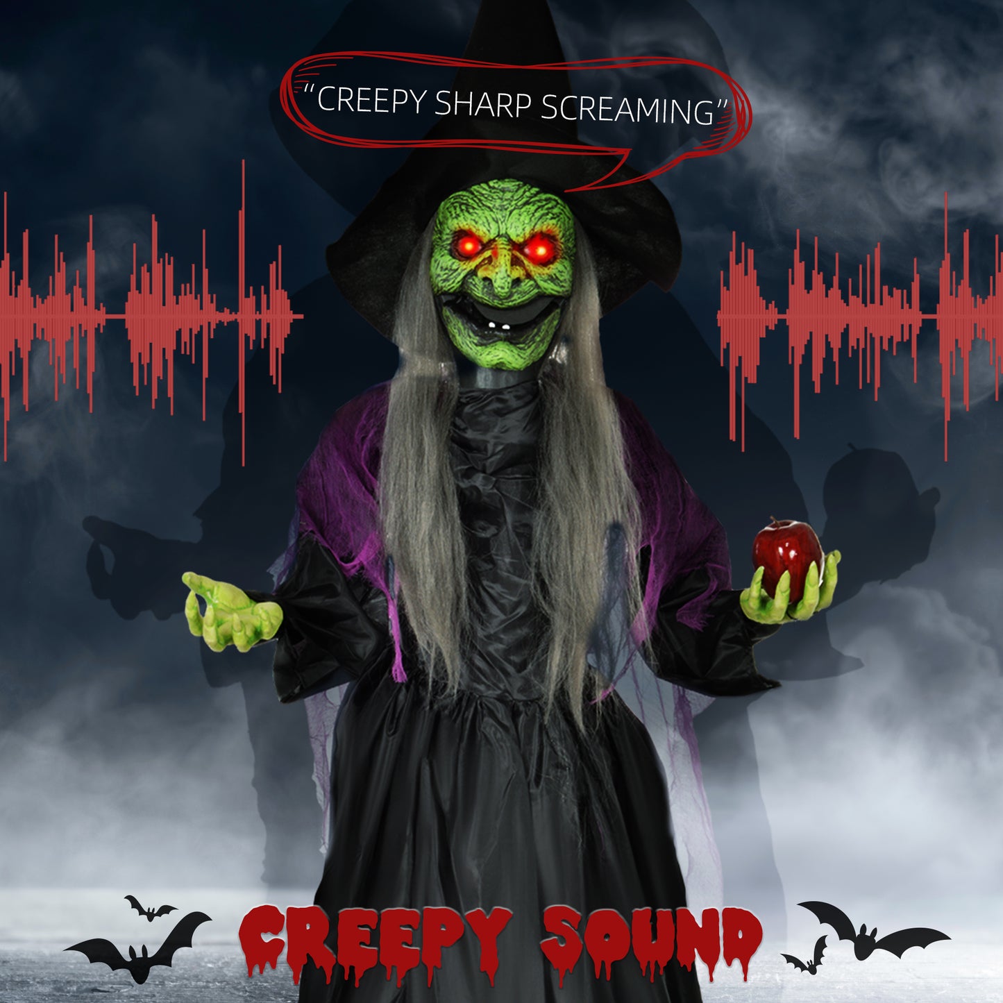 180 cm Life Size Halloween Animated Standing Witch, Spooky Witch with Glowing LED Eyes,  Battery Operated