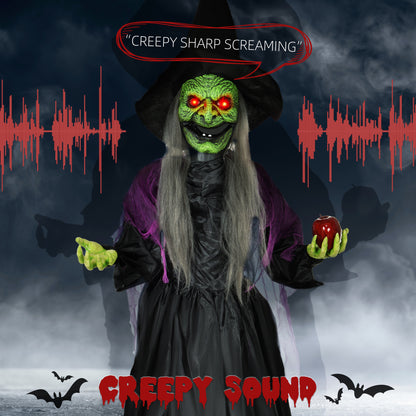 180 cm Life Size Halloween Animated Standing Witch, Spooky Witch with Glowing LED Eyes,  Battery Operated