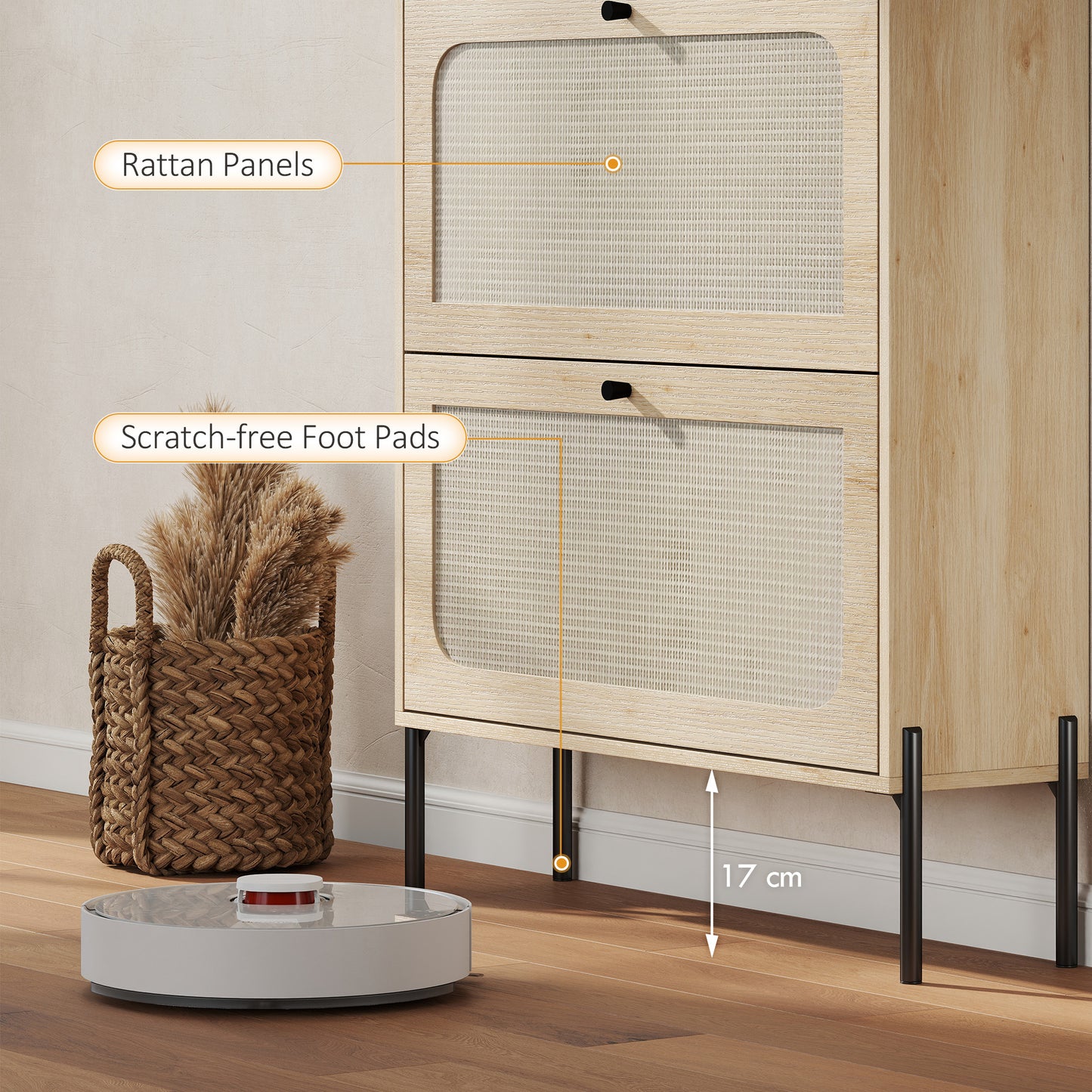Boho Narrow Shoe Cabinet | 2 Flip Drawers | Rattan Fronts | 12-16 Pairs | Adjustable Shelves | Anti-Tip Hardware | Melamine Coating | 40kg Capacity | 80x23.7x99.5cm | Oak